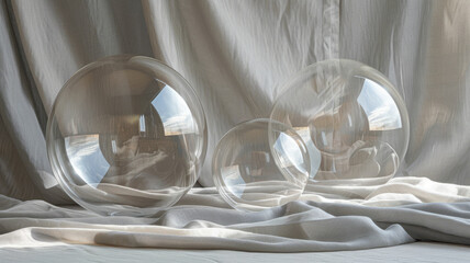 Wall Mural - Three glass spheres on fabric background.