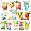 Watercolor of drink portraying an array of summer cocktails in Japan draw art styles, Simple detail clipart cute watercolor on white background