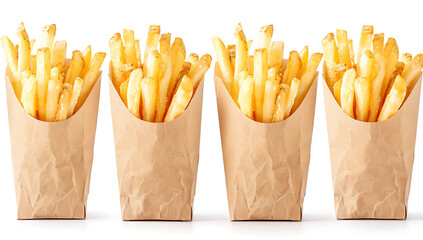 4 French fries in brown paper bags isolated on a white background.