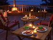 A candlelit dinner setting on a deck with a view of the ocean at night.