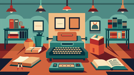 Wall Mural - A quiet museum showcasing a curated selection of vintage typewriters preserving the beauty and art of writing.. Vector illustration