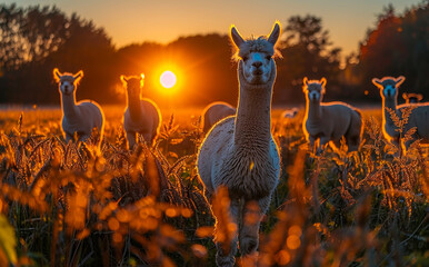 Wall Mural - Alpacas grazing in lush wheat fields against the backdrop of a colorful sunset.