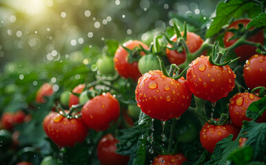 Wall Mural - Fresh red tomatoes growing on branch in greenhouse