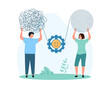 © Iconic Prototype - Communication problems solving, negotiation. Tiny two people transform complex chaos of threads into order, develop empathy and emotional intelligence, understanding cartoon vector illustration