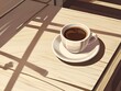 A cup of coffee sits on a saucer on a wooden table. The table is near a window, and sunlight creates shadows on the table.