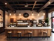 A coffee shop with a wooden counter and stools, a coffee machine, and a sign that says \