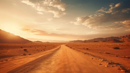 Wall Mural - Roman road stretching endlessly across a vast desert landscape under the blazing sun