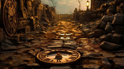 Canvas Print - Roman road in a steampunk-inspired world with clockwork mechanisms integrated