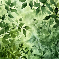 Wall Mural - A painting of green leaves and branches with a light green background
