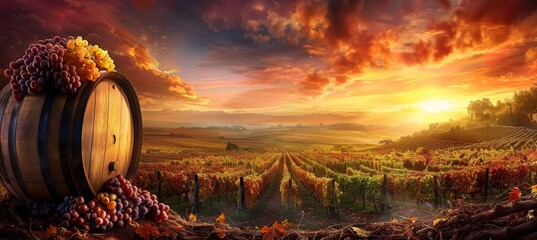 Wall Mural - Tranquil vineyard at dusk, varied grape rows, wicker basket with freshly harvested dew kissed grapes