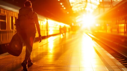   A woman, carrying a backpack, walks toward the train at a sun-lit train station