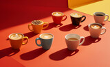 Fototapeta Mapy - Artistic still life of various flavored coffees, each represented in unique cups with different designs that suggest their flavors.