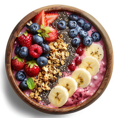 A colorful smoothie bowl with mixed berries, banana slices and granola on top, isolated on a white background
