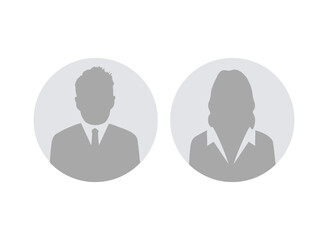 Poster - Businessman and Businesswoman avatar profile. Male silhouette with office suit and tie. Circle button with avatar silhouette illustration on png transparent background.
