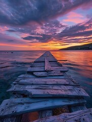 Molo di legno, che si estende nel mare calmo, immortalato durante un tramonto.