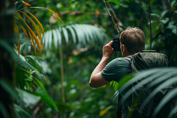 Wall Mural - man photographing wildlife in dense jungle setting