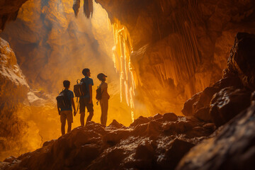 Canvas Print - family exploring a vast cave system