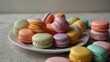 Illustrate a scene featuring a selection of pastel-colored macarons arranged on a pristine white platter. Capture the ultra-realistic details of the soft pastel hues.-Ai Generative