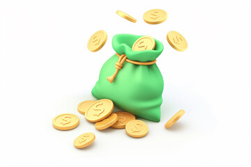 3d icon illustration of a dollar coin and coin bag. cartoon illustration on isolated background. mon