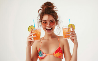 Joyful young woman in a tropical bikini, holding cocktails, wearing sunglasses, vibrant and celebratory, on a light background