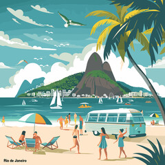 Wall Mural - Tropical beach with palm trees, chaise lounges, boats and people. Vector illustration.