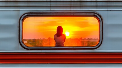 Poster -   A woman poses before a window as the sun sets, its orange and pink hues mirrored in the glass