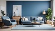 Modern interior design living room with sofa, interior home mock-up design.Modern living room interior design featuring a blue sofa and a circular table by the window


