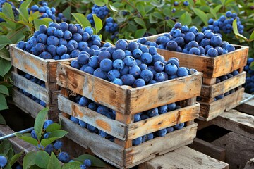 Wall Mural - Fresh blueberries in wooden baskets at farm warehouse amidst lush greenery for farm to table concept