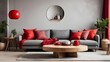 Modern interior design living room with sofa, interior home mock-up design.Modern living room interior design featuring a dark sofa and a circular table next to the window


