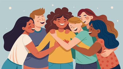 Wall Mural - A group of friends cheering and hugging their friend who had been depressed for months as they witnessed her mood lift within hours of receiving a.