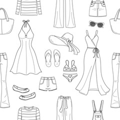 Wall Mural - Female fashion set, women's clothes collection, line illustrations, summer outfit, vector seamless background pattern