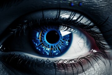 Poster - Cybernetic gaze  hacker or ai robot eye in dark technological environment with digital backdrop