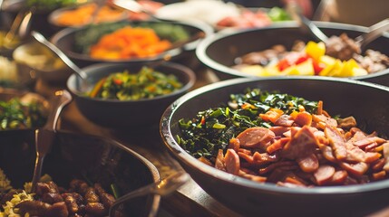 Wall Mural - feijoada, colorful display of ingredients like smoked sausage, bacon, and collard greens