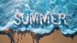 The word summer written in the sand on a beach scene, with waves and seashells in the background.