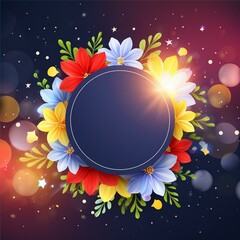 Wall Mural - Background with floral frame and a glowing ring. Bokeh. Copy Space.