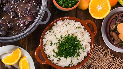 Wall Mural - feijoada, traditional Brazilian dish served with rice, orange slices, and farofa