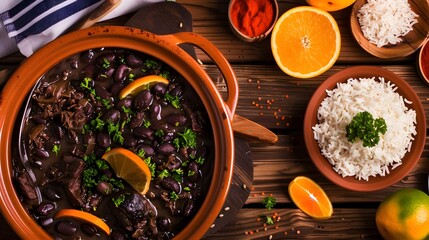 Wall Mural - feijoada, traditional Brazilian dish served with rice, orange slices, and farofa