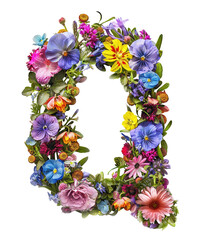 Wall Mural - Flower font alphabet Q made of colorful floral letter isolated on white background. Spring or summer flower font.