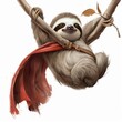 Smiling sloth character dressed as a superhero hanging from a tree branch