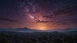 Illustrate a scene of the universe with a purple sky during twilight. Capture the ultra-realistic details of the transitioning hues, the soft glow on the horizon, and the atmosphere-Ai Generative