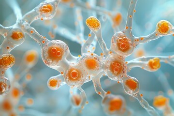 Poster - Detailed 3D illustration of neuron cells with nucleus and neural connections, depicting synaptic transmission