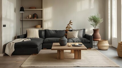 Wall Mural - Comfy sectional sofa in a cozy living room scandinavian style