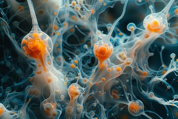 Poster - High-quality close-up of a complex neural network with neuron cells highlighting synapses and connections