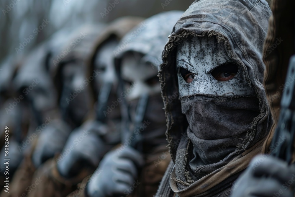 Soldiers lined up in formation wear unrecognizable military uniforms ...