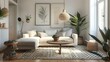 A bright and airy living room scandinavian style with a large comfortable couch, stylish coffee table, and beautiful rug