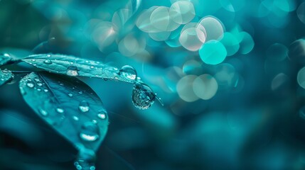 Wall Mural - Large drop water reflects environment. Nature spring photography raindrops on plant leaf. Background image in turquoise and green tones with bokeh.