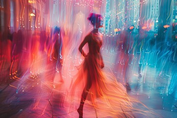 Poster - A dynamic image of a dancer mid-twirl with a long flowing dress surrounded by abstract colorful light trails and motion blur