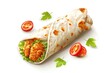 Illustration of tortilla wrap with fried chicken and fresh vegetables on white background
