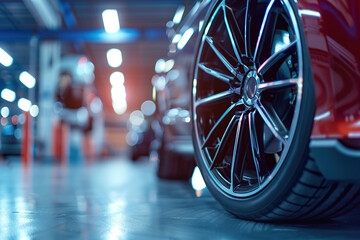 Canvas Print - Car wheel with new tire on blurred garage background