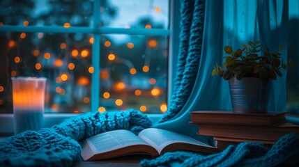 Wall Mural -   A book open on a windowsill, beside a lit candle and a potted plant